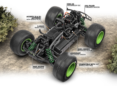 HPI Racing Savage XS Flux VGJR RTR 4WD Monster Truck with detailed callout showing its compact off-road design and rugged features.