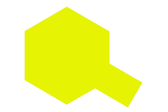 Tamiya PS-27 Fluorescent Yellow spray paint in 100ml bottle, shown in a close-up shot with bright yellow color.