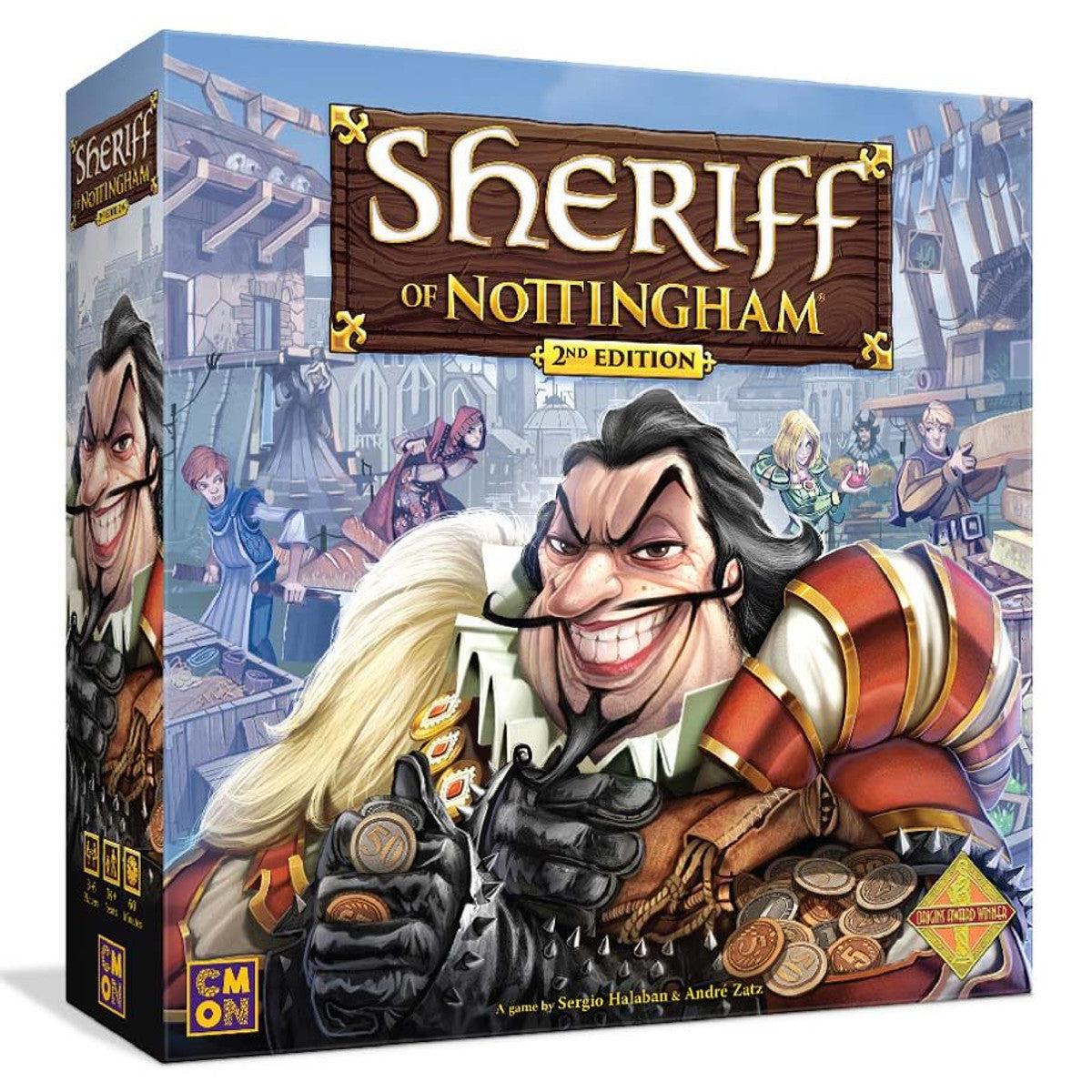 3D image of the Sheriff of Nottingham 2nd Edition board game box by CMON, featuring vibrant artwork and game title.