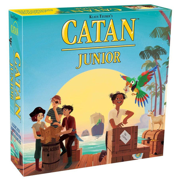 Catan Junior board game box by Catan Studio featuring colorful illustrated characters and game pieces on the front.
