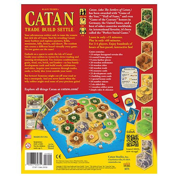 Catan board game by Catan Studio with colorful hex tiles, roads, and settlements laid out for gameplay.