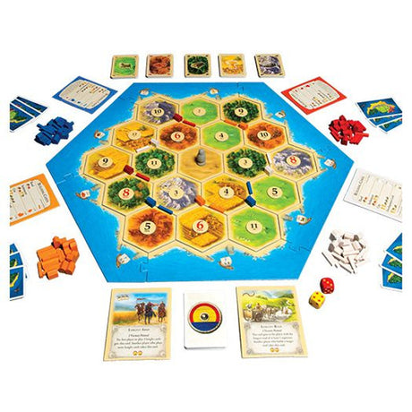 Catan board game by Catan Studio featuring colorful hex tiles, resource cards, and game pieces for strategic play