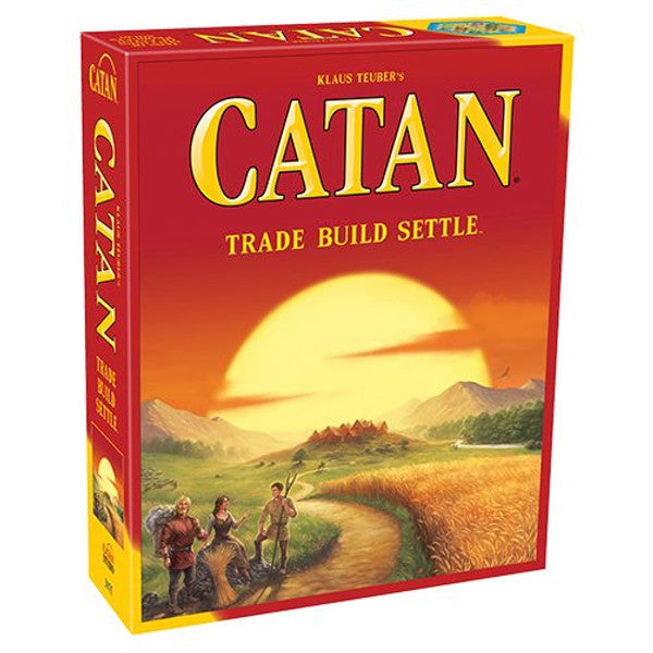 3D image of the Catan board game box by Catan Studio, featuring colorful illustration and game title on the front.