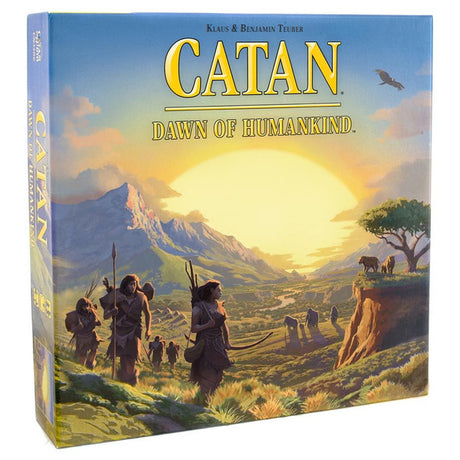 3D image of the Catan: Dawn of Humankind board game box by Catan Studio with colorful artwork and game title on the front.