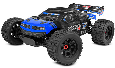 Team Corally Punisher 4S RTR monster truck featuring large tires, rugged design, and bright red body on a dirt track.