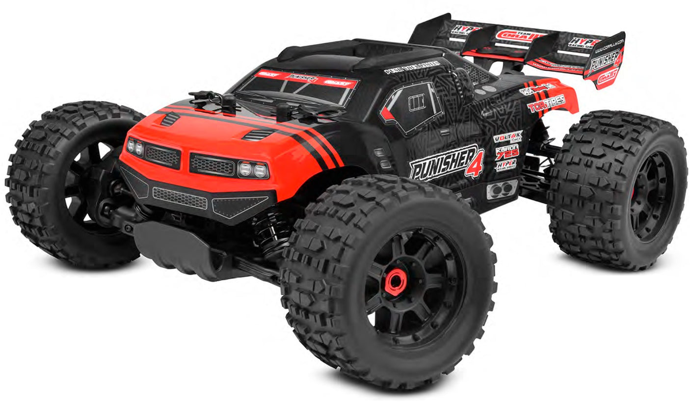 Team Corally Punisher 4S RTR monster truck with large tires, rugged body, and vibrant paint, ready for off-road racing.