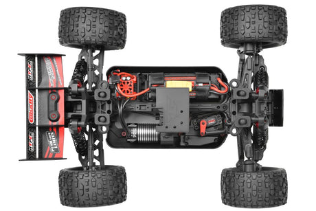 Team Corally Punisher 4S RTR monster truck in red with large tires and detailed body, ready for off-road racing.