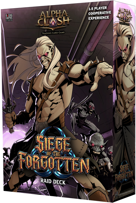 Collectible trading cards from Rising Empire Studios' Alpha Clash TCG: Siege of the Forgotten PvE Box, featuring vibrant fantasy artwork.