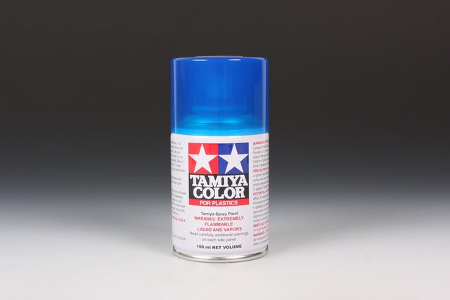 Tamiya TS-72 Clear Blue spray paint can, 100ml, featuring blue-colored aerosol paint with spray nozzle for model or craft projects.
