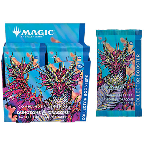 Wizards of the Coast MTG Commander Legends Battle for Baldur's Gate Collector Booster Box with colorful packaging and collector cards.
