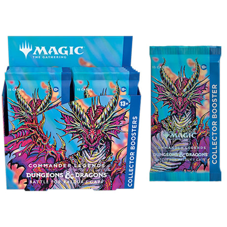 Wizards of the Coast MTG Commander Legends Battle for Baldur's Gate Collector Booster Box with colorful packaging and collector cards.