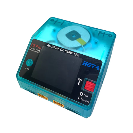 HOTA D6 Pro RC car Lipo charger displaying LCD screen and connection ports for AC and DC power sources.