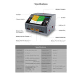 HOTA D6 Pro AC200W/DC650W RC Car Lipo Charger with 15A charging current and multiple power options, shown on technical specifications display.