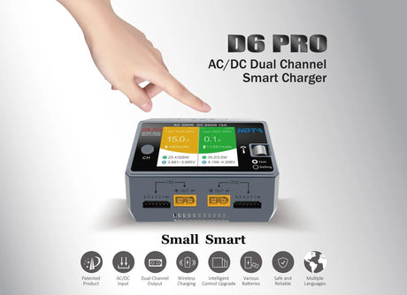 HOTA D6 Pro RC car Lipo charger displaying specifications with multiple charging ports and digital display screen.