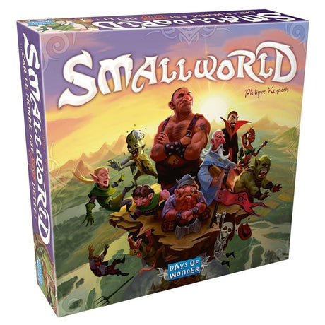 Small World board game box by Days of Wonder, featuring colorful artwork and fantasy-themed illustrations on the front.