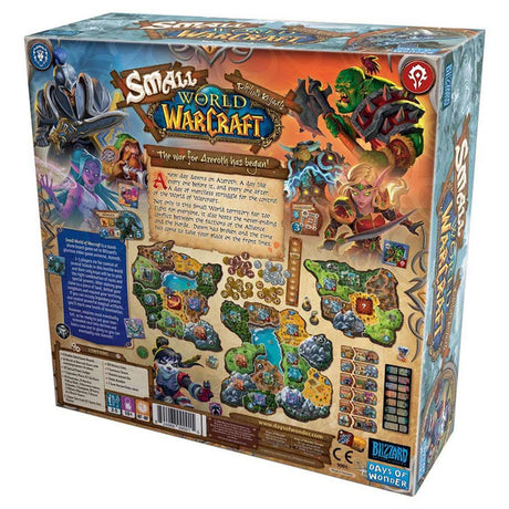 Small World of Warcraft board game by Days of Wonder, showing colorful fantasy map with game pieces and characters.