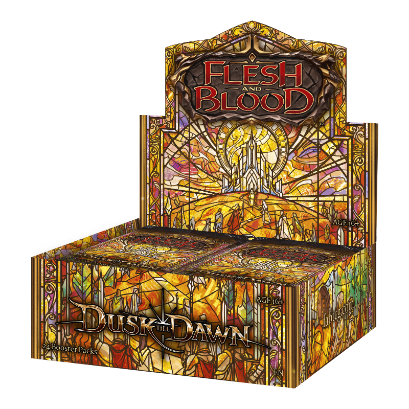 Image of Flesh and Blood Dusk till Dawn Booster Box by Legends Story Studios, featuring colorful collectible trading card packaging.