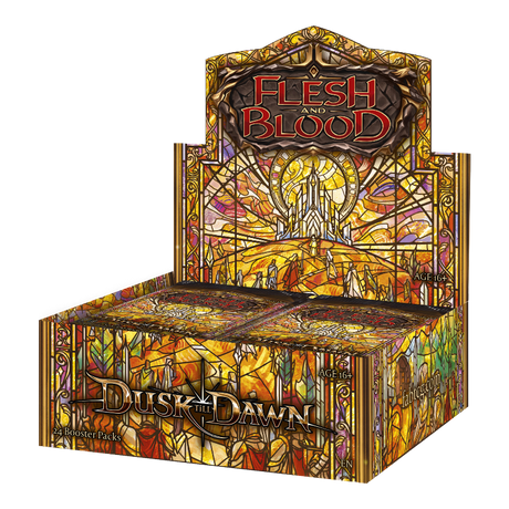 Image of Flesh and Blood Dusk till Dawn Booster Box by Legends Story Studios, featuring colorful collectible trading card packaging.