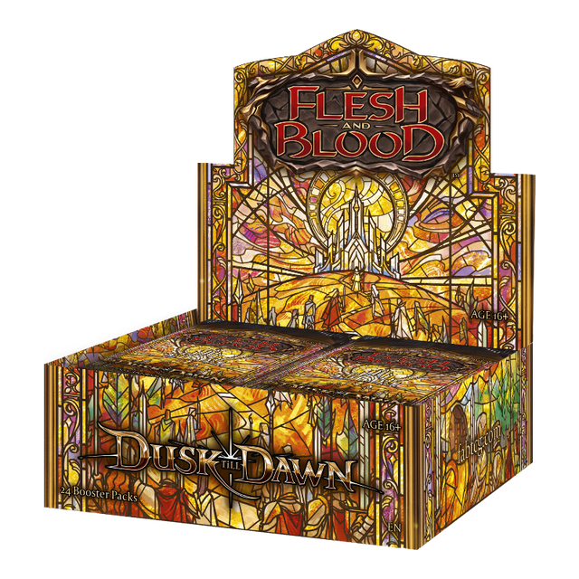 Image of Flesh and Blood Dusk till Dawn Booster Box by Legends Story Studios, featuring colorful collectible trading card packaging.