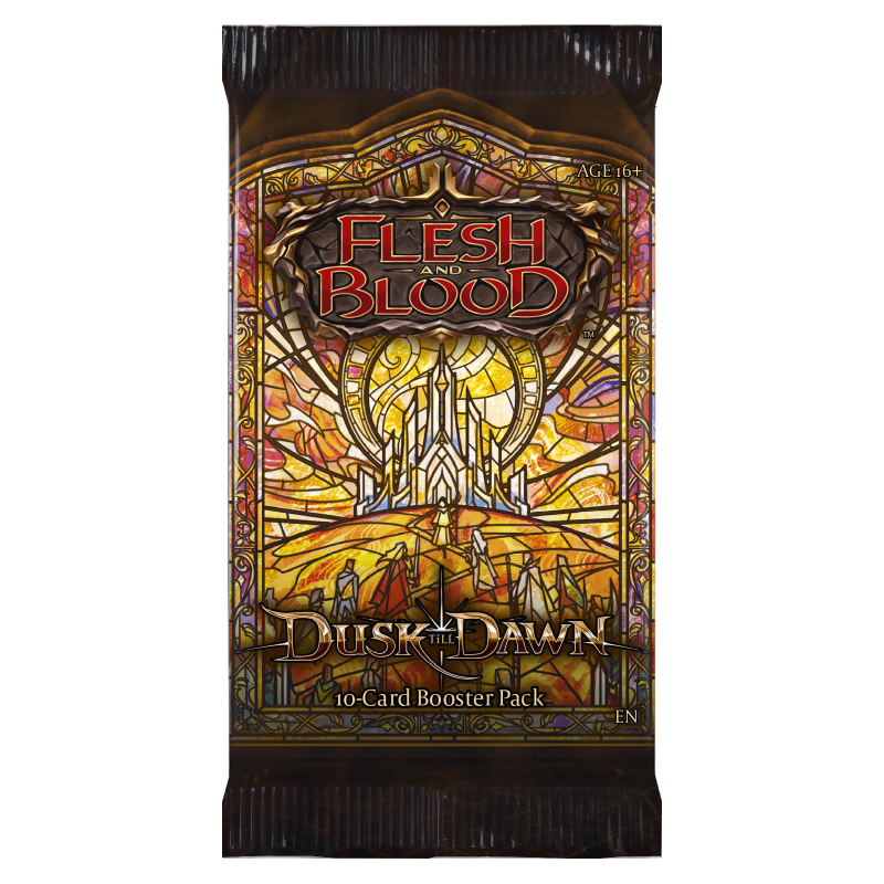 Flesh and Blood Dusk till Dawn booster pack of collectible trading cards by Legends Story Studios, featuring colorful card designs.