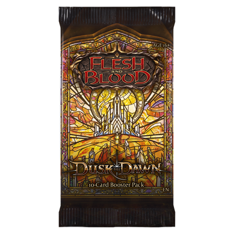 Flesh and Blood Dusk till Dawn booster pack of collectible trading cards by Legends Story Studios, featuring colorful card designs.