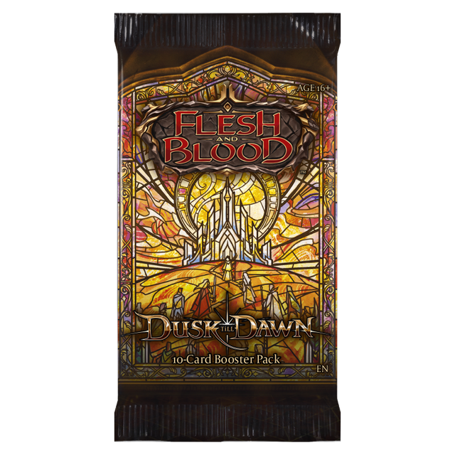 Flesh and Blood Dusk till Dawn booster pack of collectible trading cards by Legends Story Studios, featuring colorful card designs.