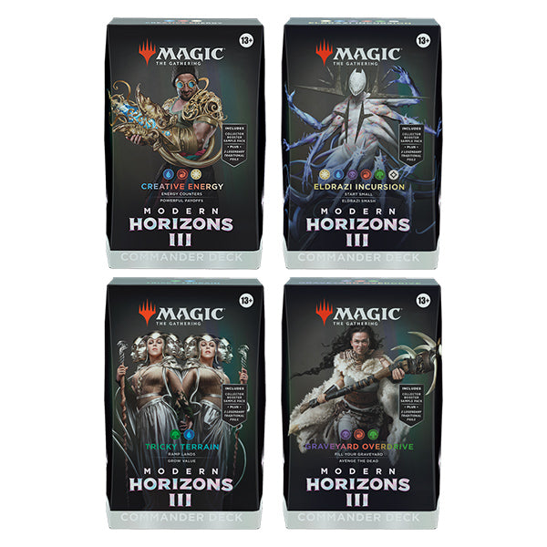 Modern Horizons 3 Commander Deck by Wizards of the Coast featuring colorful artwork and various Magic: The Gathering cards.