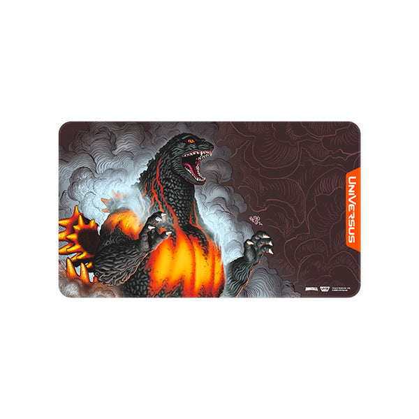 Universus Godzilla Reign of Kaiju Burning Godzilla playmat featuring detailed artwork of the iconic monster on a vibrant surface.