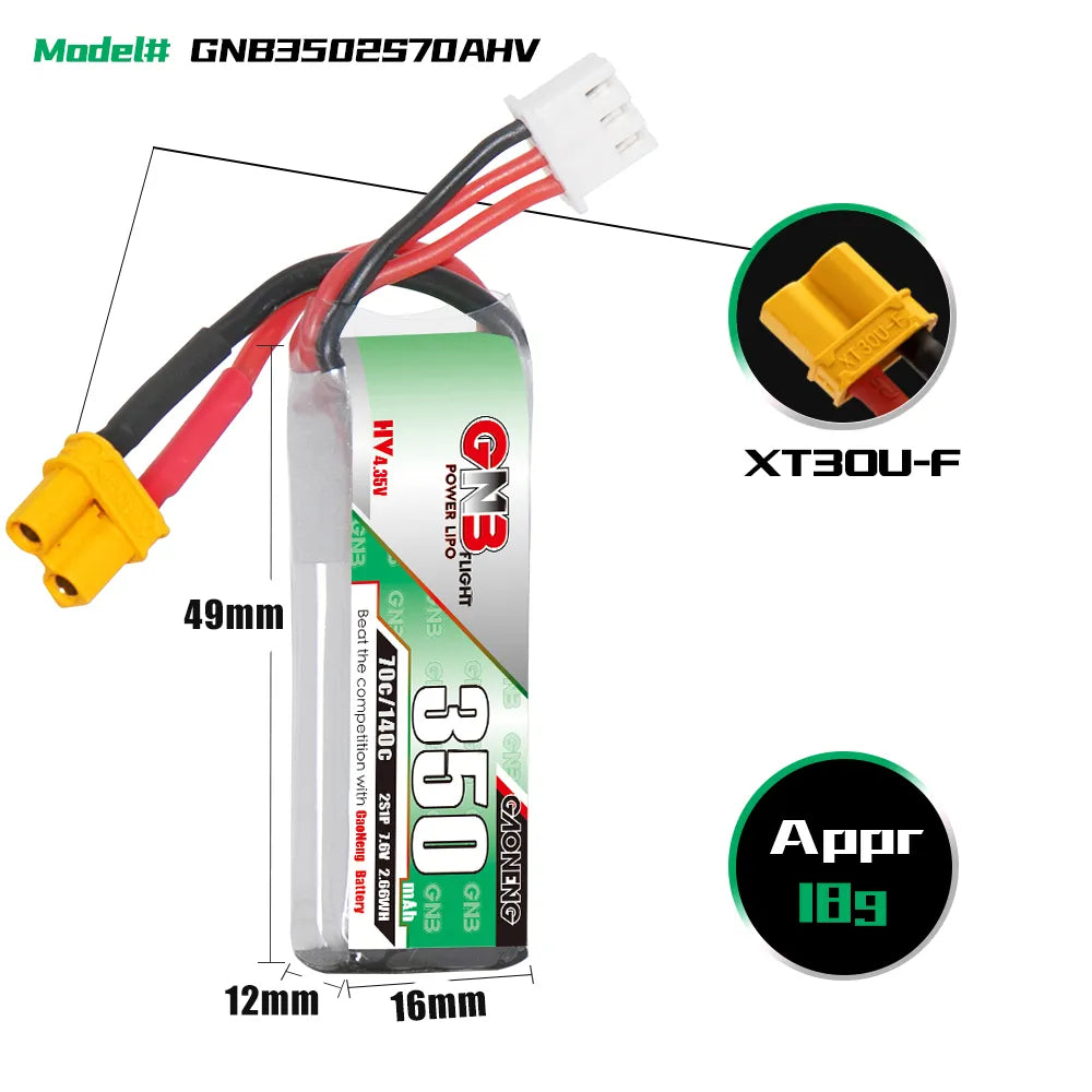 GNB 350mAh LiHV 2S 70C XT30 RC car LiPo battery with black and red wiring and XT30 connector.