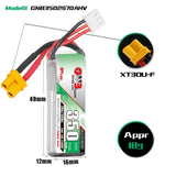 GNB 350mAh LiHV 2S 70C XT30 RC car LiPo battery with black and red wiring and XT30 connector.