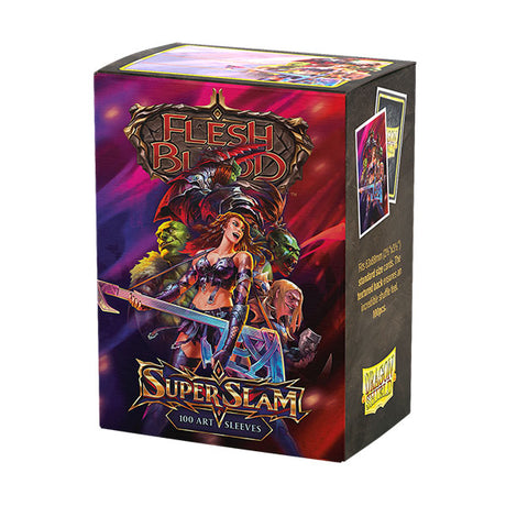Dragon Shield Matte Flesh & Blood Super Slam Art standard card sleeves, featuring vibrant artwork and durable protective material.