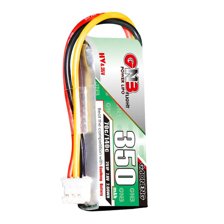 GNB 350mAh LiHV 2S 70C LiPo battery for RC cars, showing the compact black battery with white label and connectors.