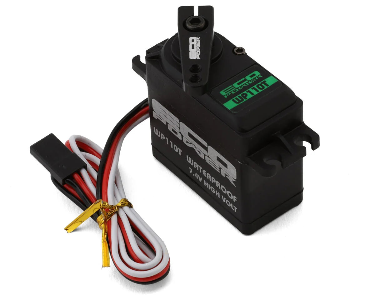 EcoPower WP110T waterproof high torque metal gear servo with black and silver casing, showcasing durable metal gears.