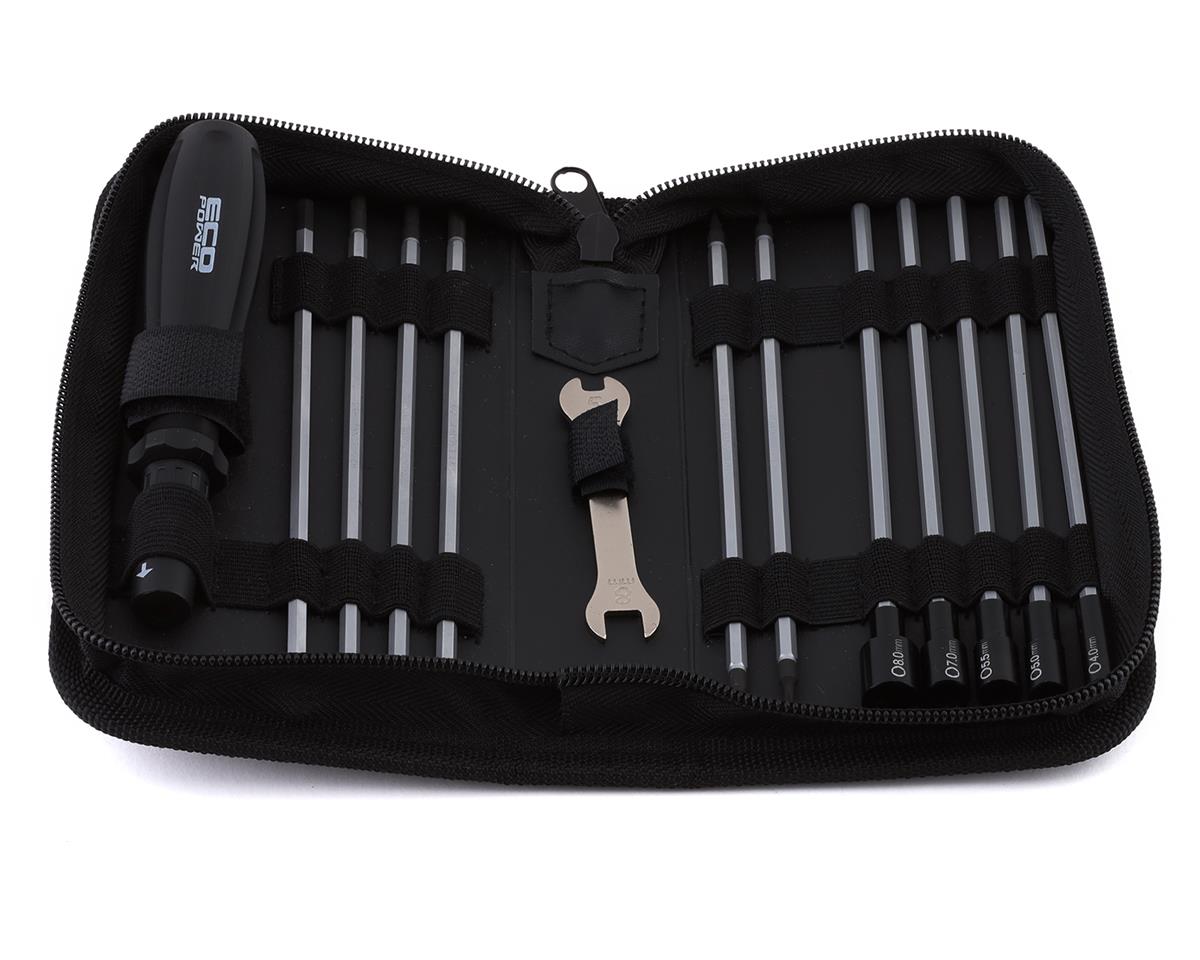 EcoPower 19-piece metric RC essential tool set with carrying case, including screwdrivers, wrenches, and pliers for remote control models