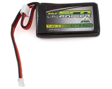 EcoPower 450mAh 2S 30C LiPo battery with PH2.0 connector for SCX24 remote control car, compact and lightweight for high performance.