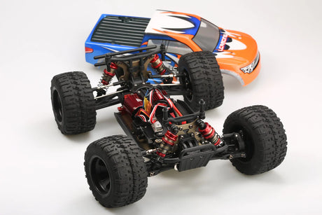 LC Racing EMB-MT 1/14 scale 4WD RTR monster truck with large tires and detailed body in black and red, ready for off-road racing.