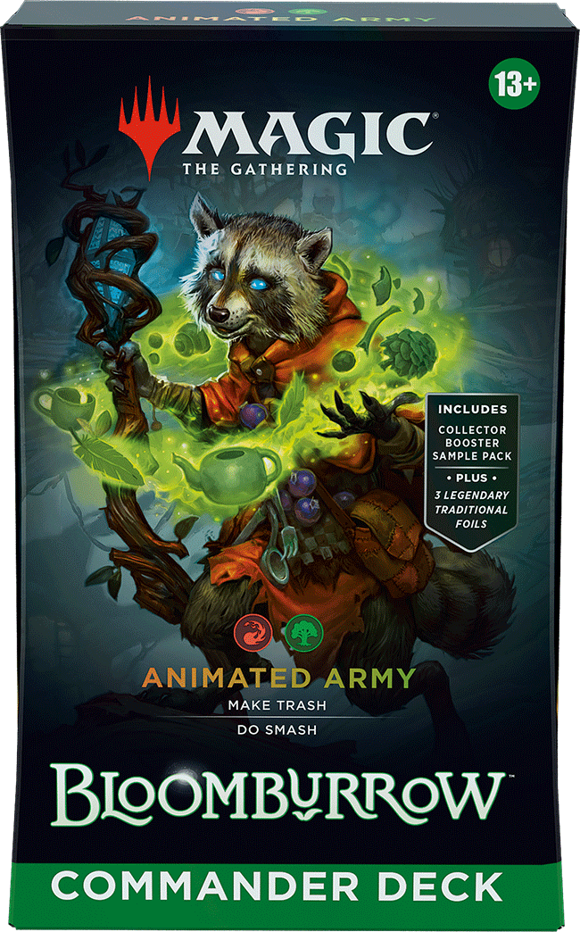 MTG Bloomburrow Commander Decks by Wizards of the Coast featuring colorful fantasy card designs and deck packaging.