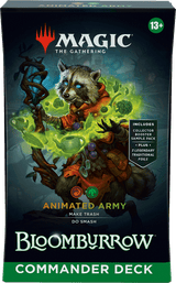 MTG Bloomburrow Commander Decks by Wizards of the Coast featuring colorful fantasy card designs and deck packaging.
