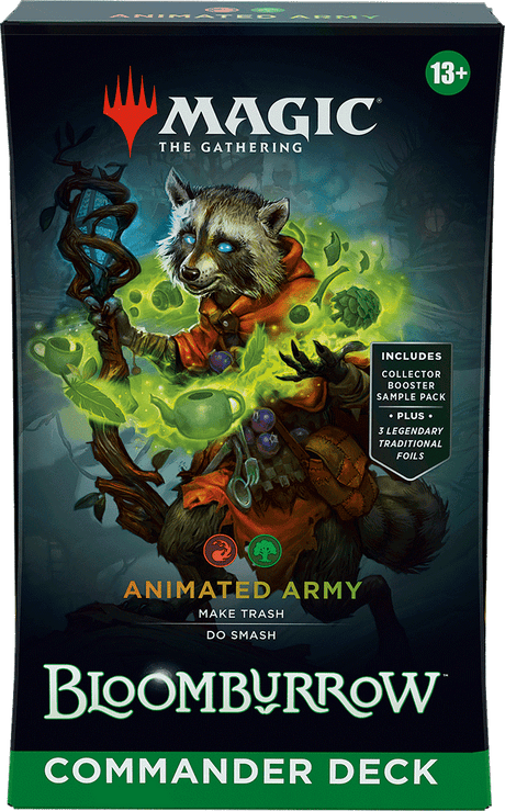 MTG Bloomburrow Commander Decks by Wizards of the Coast featuring colorful fantasy card designs and deck packaging.