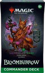 MTG Bloomburrow Commander Decks by Wizards of the Coast featuring colorful fantasy-themed cards and deck packaging.
