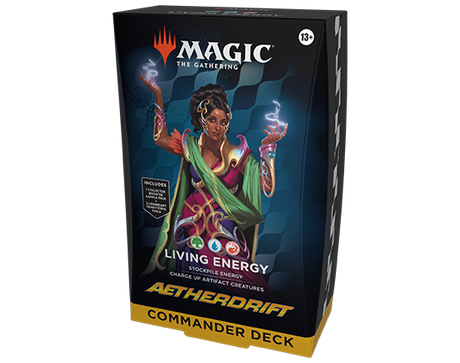 MTG: Aetherdrift Commander Deck by Wizards of the Coast, featuring colorful trading card game cards spread out.