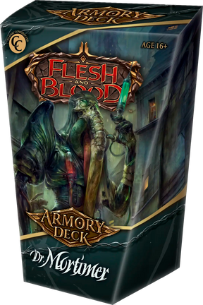 Flesh and Blood Mortimer Armory deck of collectible trading cards from Legends Story Studios displayed in a mockup.
