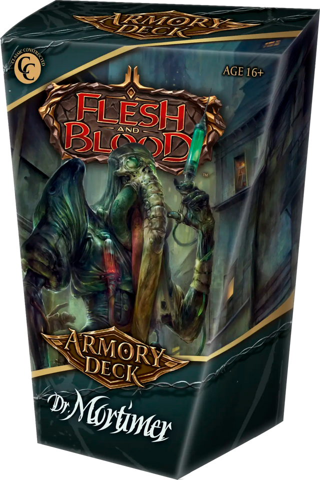Flesh and Blood Mortimer Armory deck of collectible trading cards from Legends Story Studios displayed in a mockup.