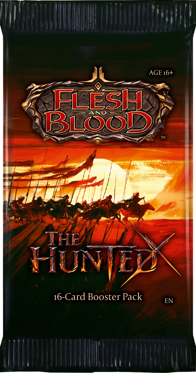 Flesh and Blood: The Hunted booster pack of collectible trading cards by Legends Story Studios, featuring vibrant card artwork.