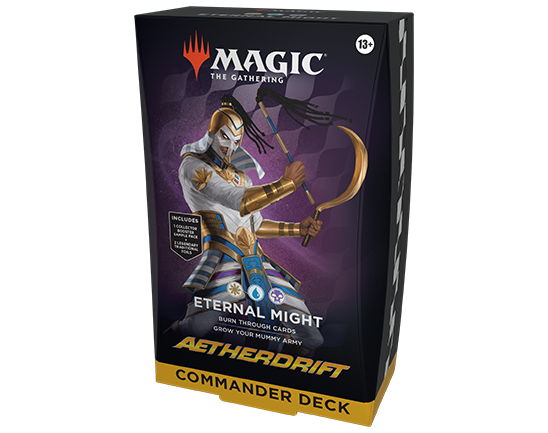 MTG Aetherdrift Commander Deck by Wizards of the Coast, featuring colorful cards and game accessories laid out on a table.