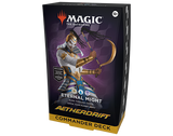 MTG Aetherdrift Commander Deck by Wizards of the Coast, featuring colorful cards and game accessories laid out on a table.