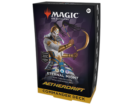 MTG Aetherdrift Commander Deck by Wizards of the Coast, featuring colorful cards and game accessories laid out on a table.
