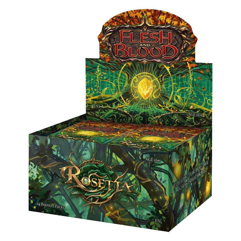 Flesh and Blood Rosetta Booster Box of collectible trading cards from Legends Story Studios, featuring vibrant card artwork.