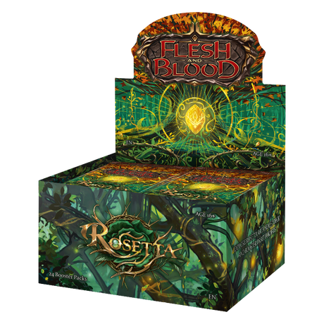 Flesh and Blood Rosetta Booster Box of collectible trading cards from Legends Story Studios, featuring vibrant card artwork.