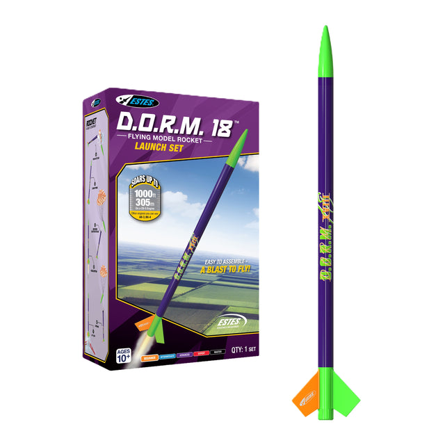 ESTES D.O.R.M Launch Set with rocket components, launch pad, and accessories for outdoor model rocket launching.